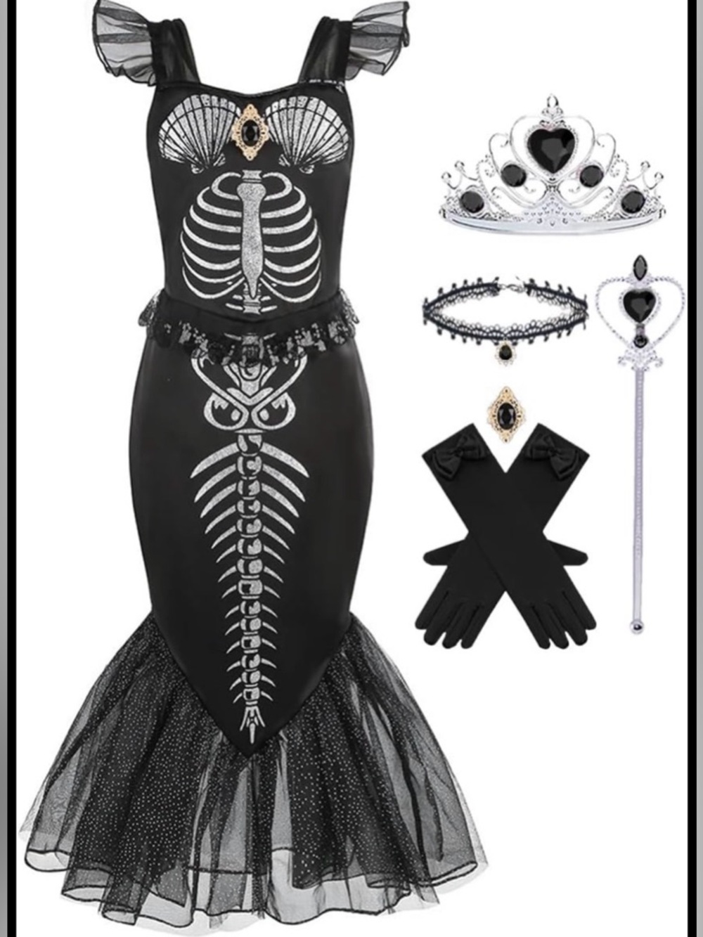 NWT Black Skeleton Mermaid Costume with Tiara & Accessories Girls Sz 5-7 years
